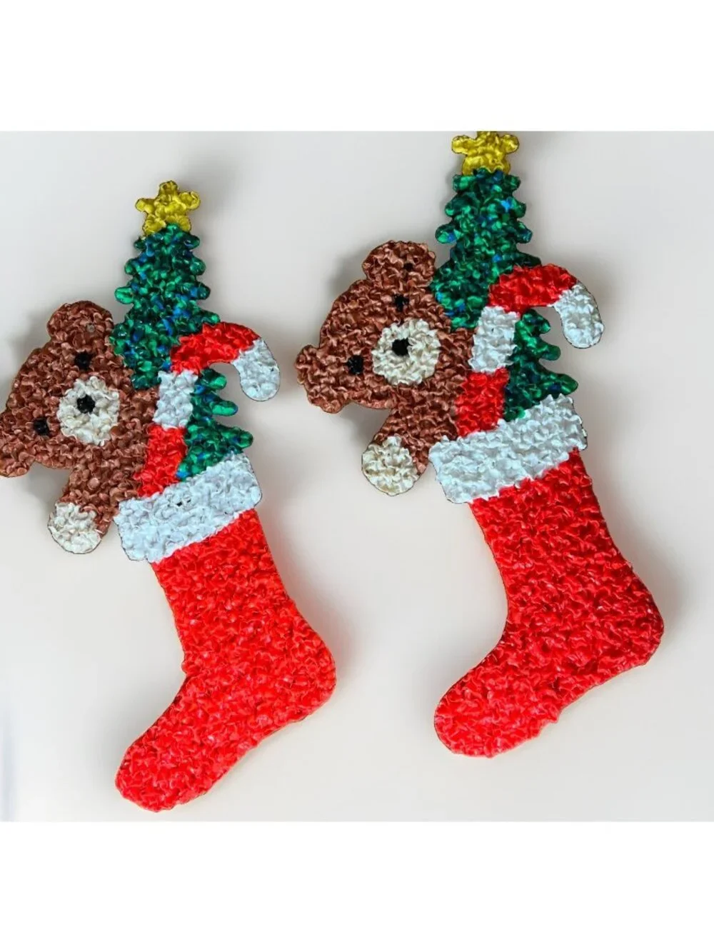 Vintage Melted Plastic Popcorn Lot of 2 Bear Stockings Christmas Decorations
